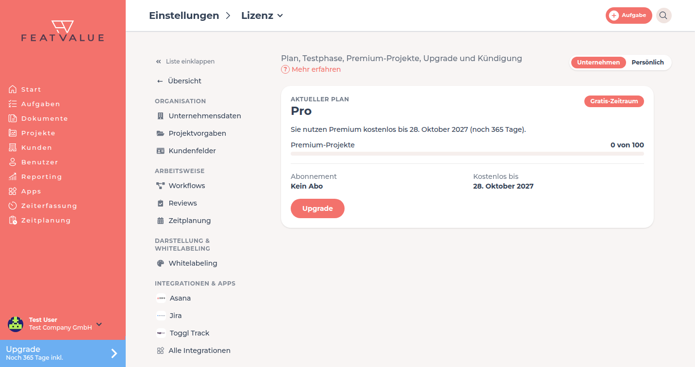 Detailseite Lizenz mit aktuellem Plan, Status, Premium-Projekten und Abonnement