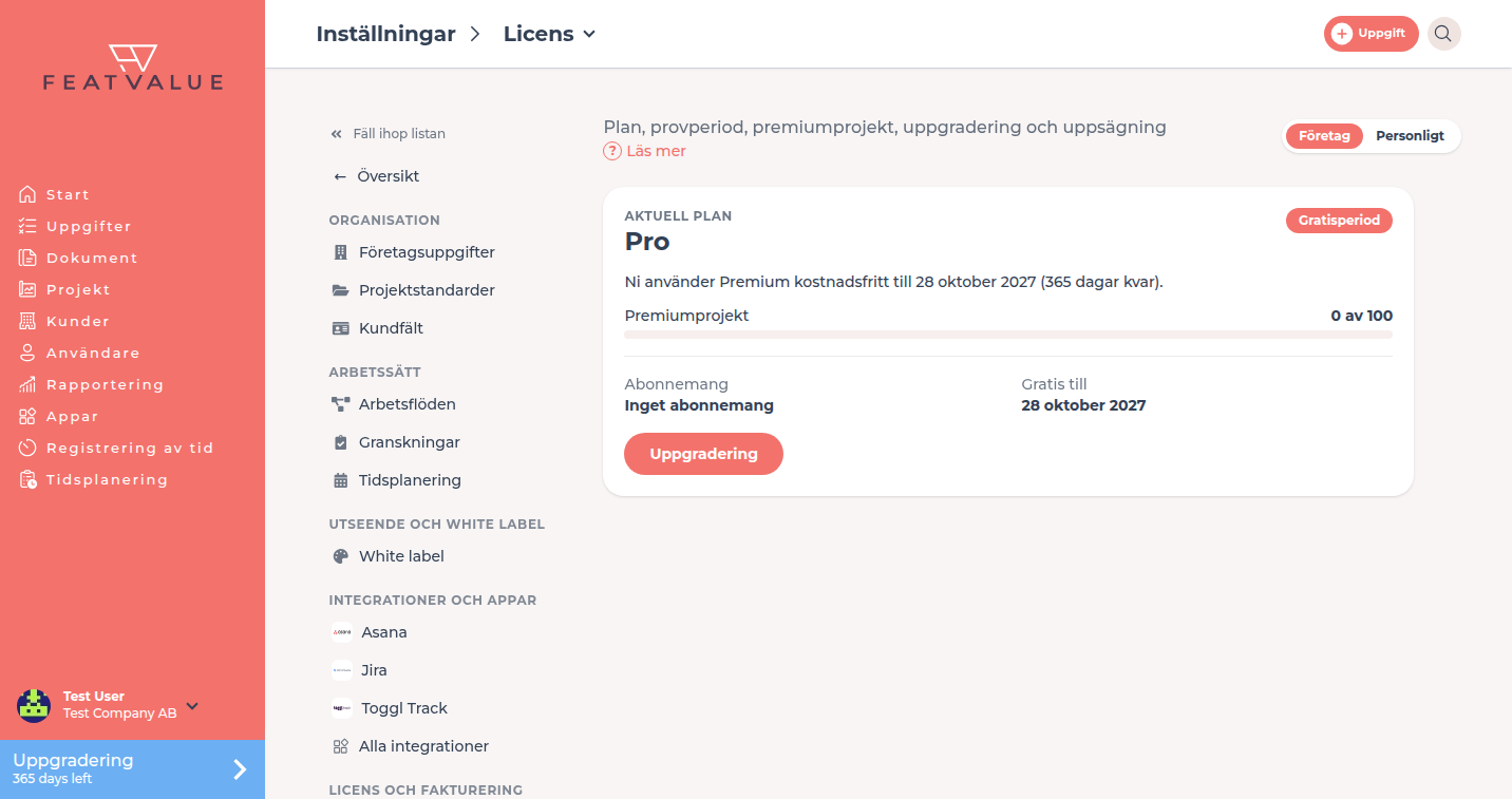 Detaljsidan Licens med aktuell plan, status, premiumprojekt och abonnemang