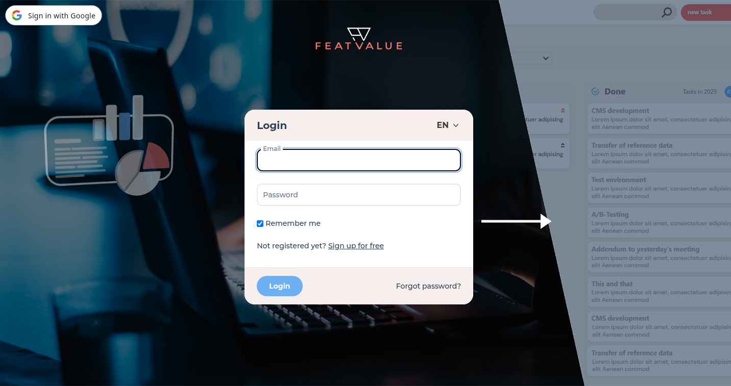 FeatValue-aanmeldformulier met e-mail, wachtwoord, Aangemeld blijven, Login en wachtwoord vergeten
