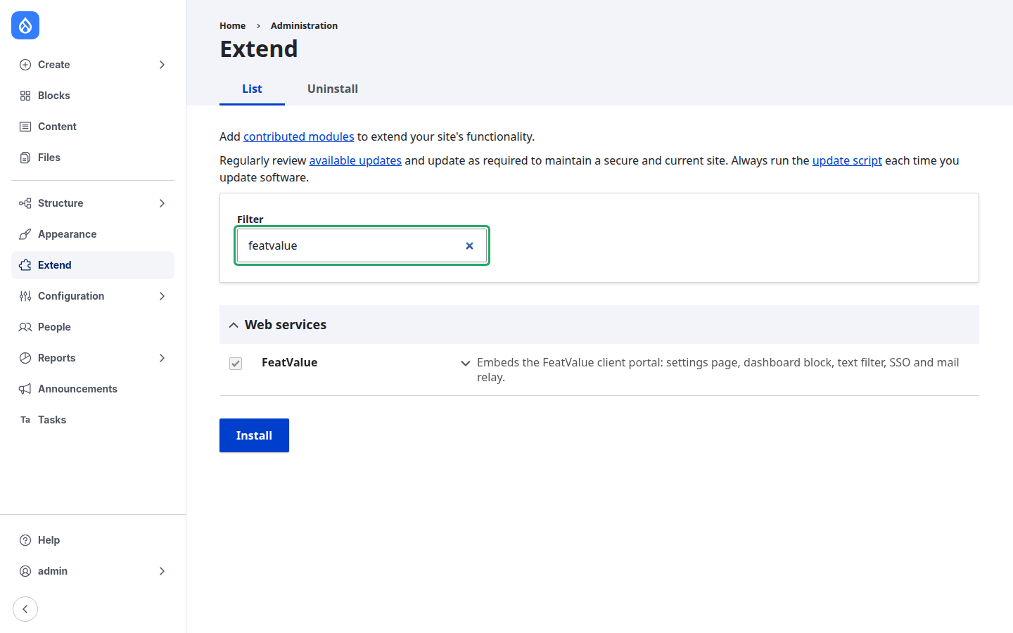 Install FeatValue as a Drupal module