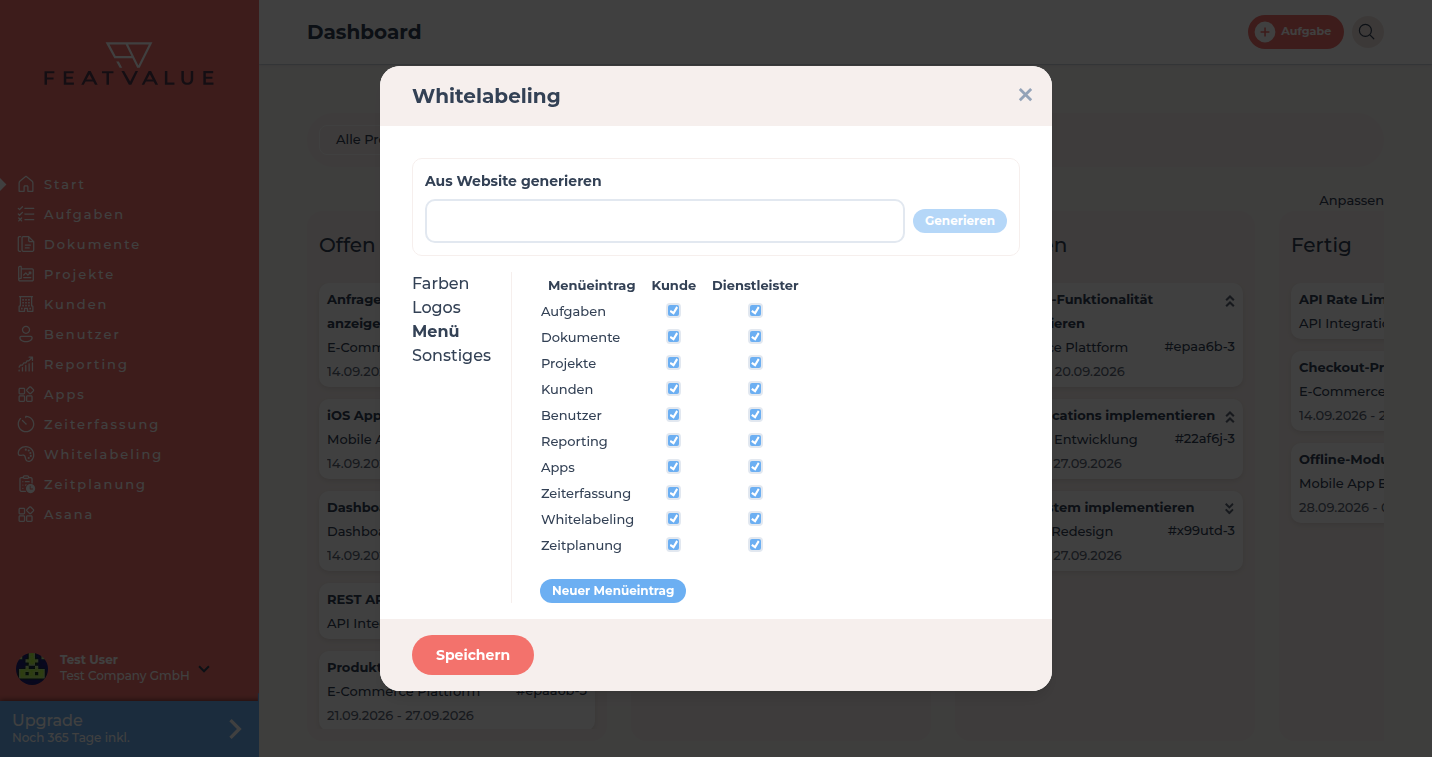 Whitelabeling-Dialog mit dem Reiter Menü und den Spalten Menüeintrag, Kunde und Dienstleister