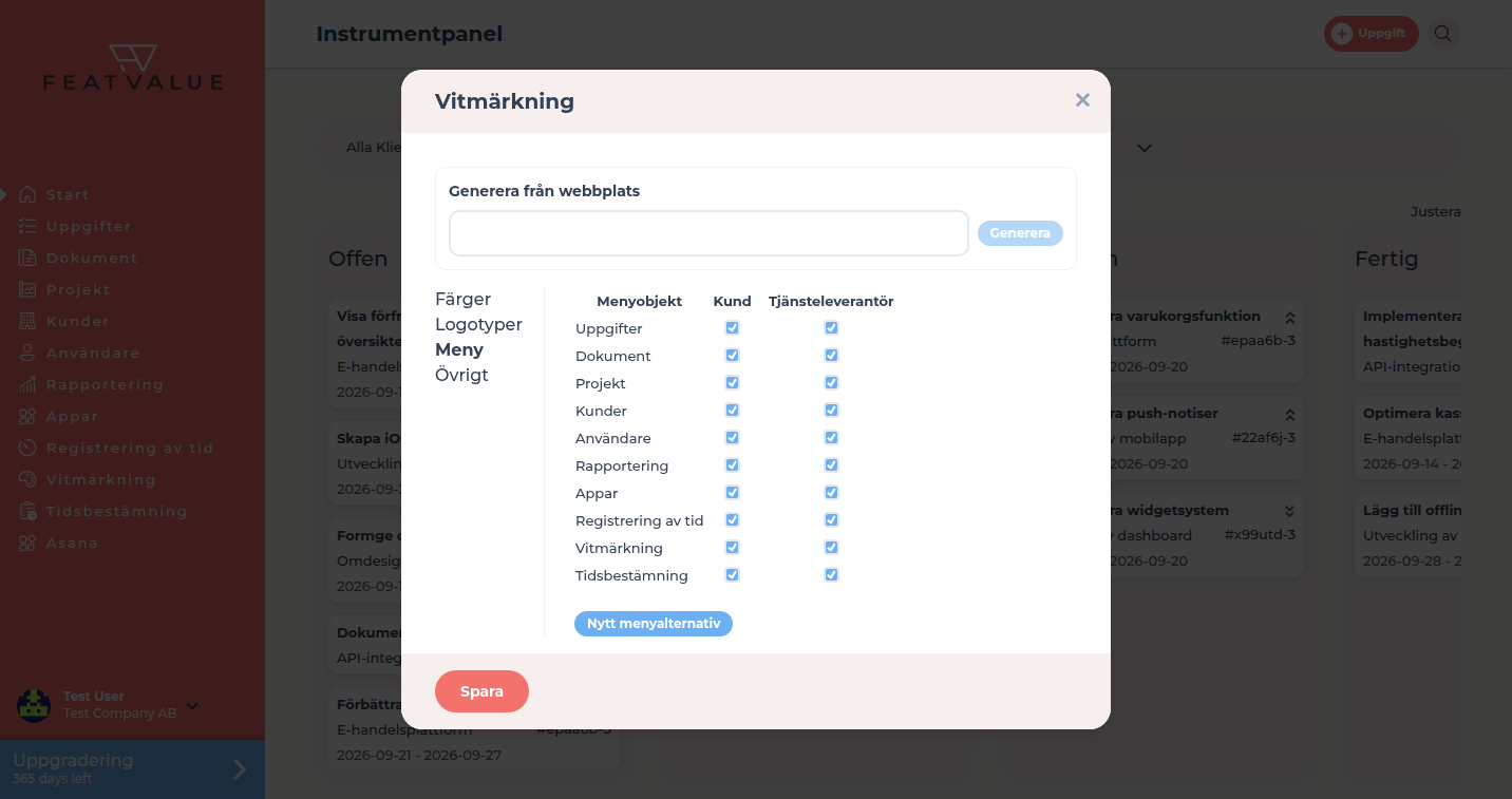 Vitmärkningsdialogen med fliken Meny och kolumnerna Menyobjekt, Kund och Tjänsteleverantör