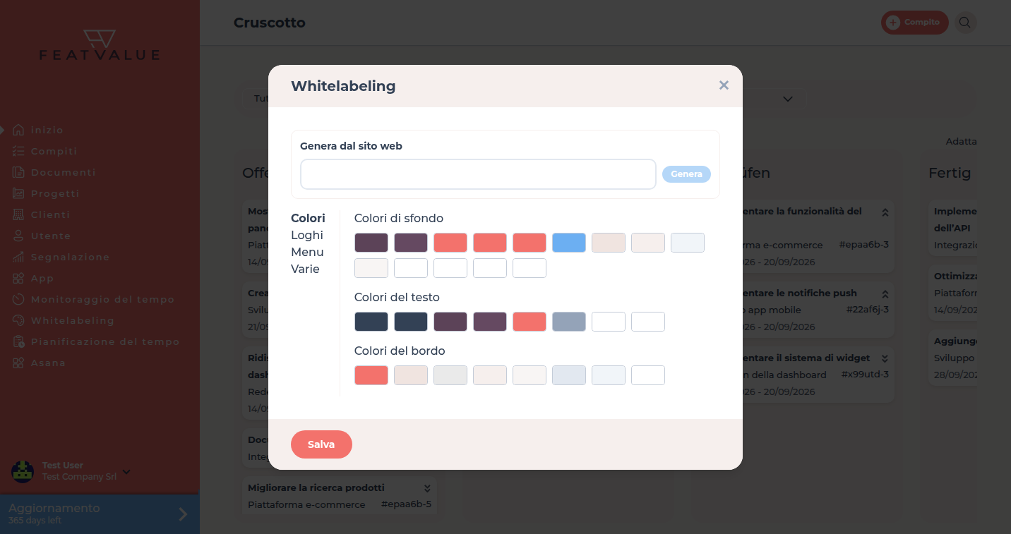 Finestra Whitelabeling con Genera dal sito web e Colori, Loghi, Menu, Varie