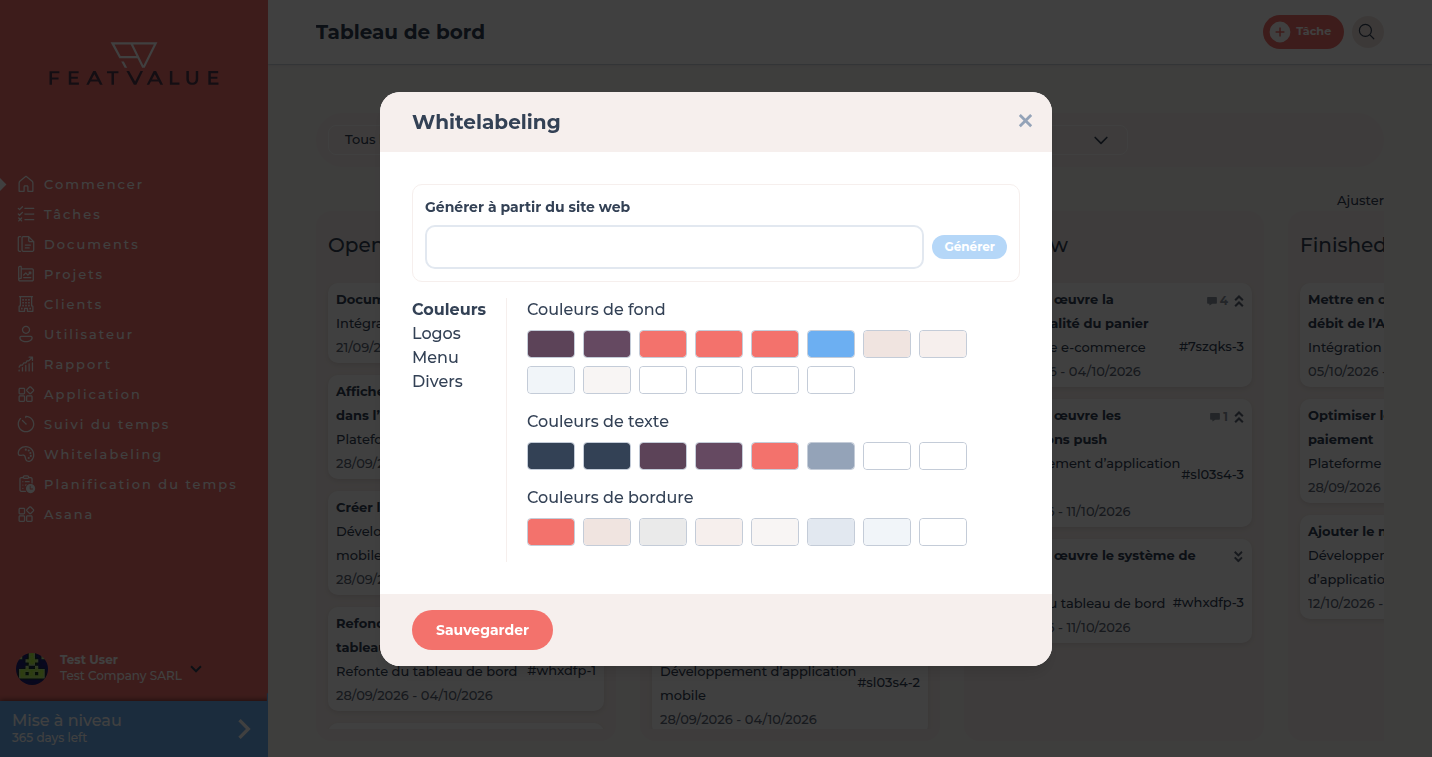 Boîte de dialogue Whitelabeling avec Générer à partir du site web et les onglets Couleurs, Logos, Menu et Divers