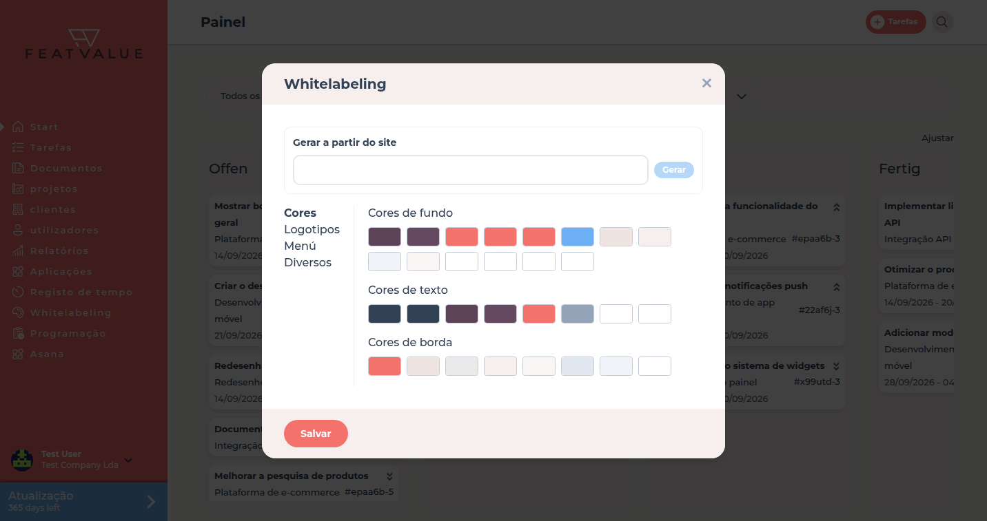 Separador Cores no Whitelabeling com paletas para fundo, texto e bordo