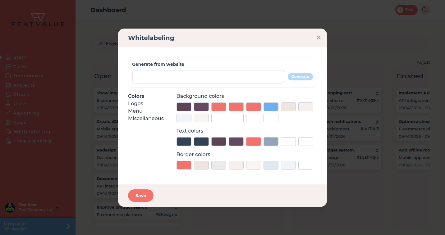 Whitelabeling dialog with Generate from website and Colors, Logos, Menu, Miscellaneous