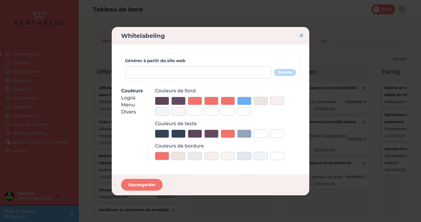 Champ Générer à partir du site web en haut du dialogue Whitelabeling