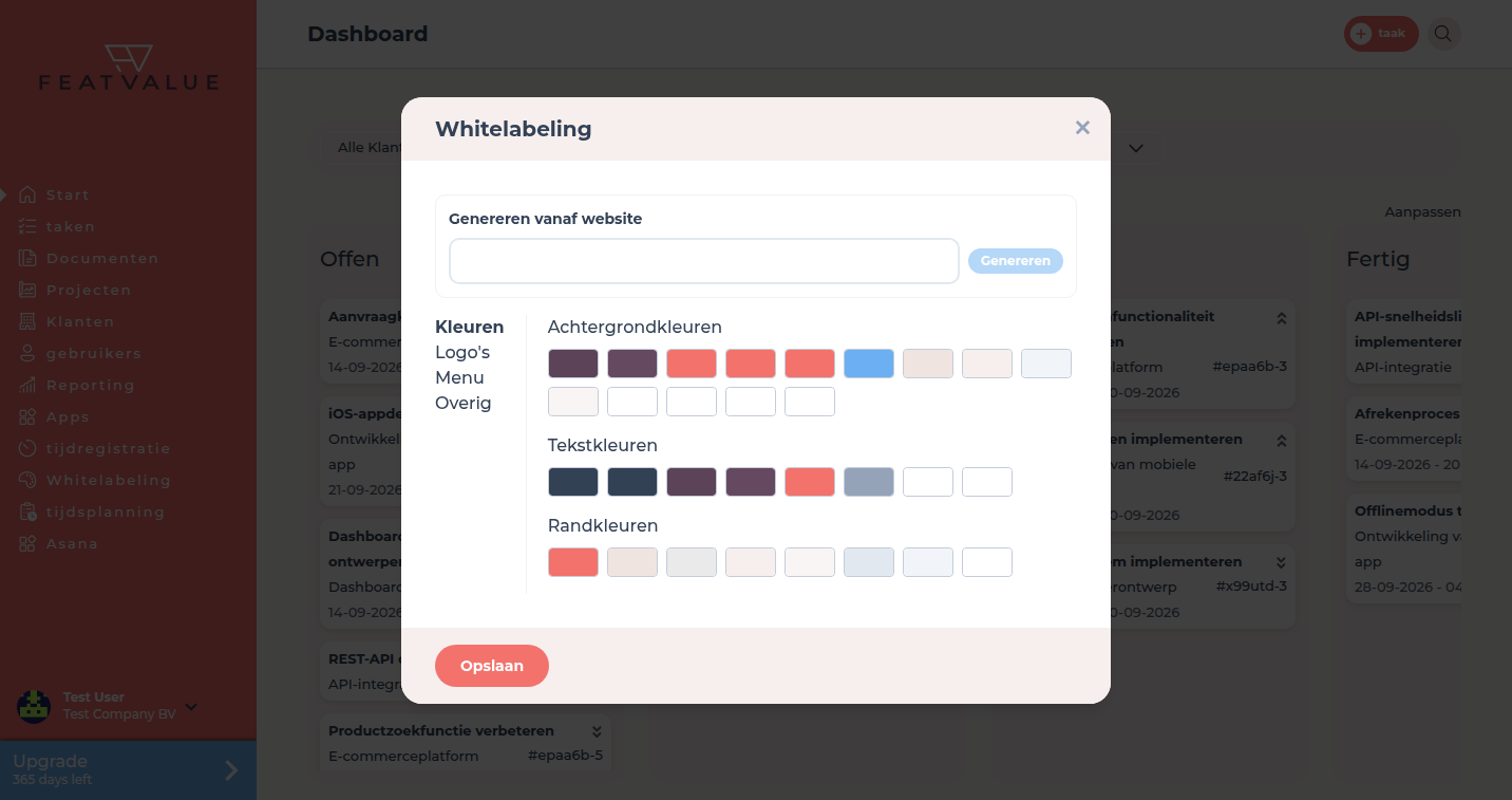 Veld Genereren vanaf website bovenin de Whitelabeling-dialoog