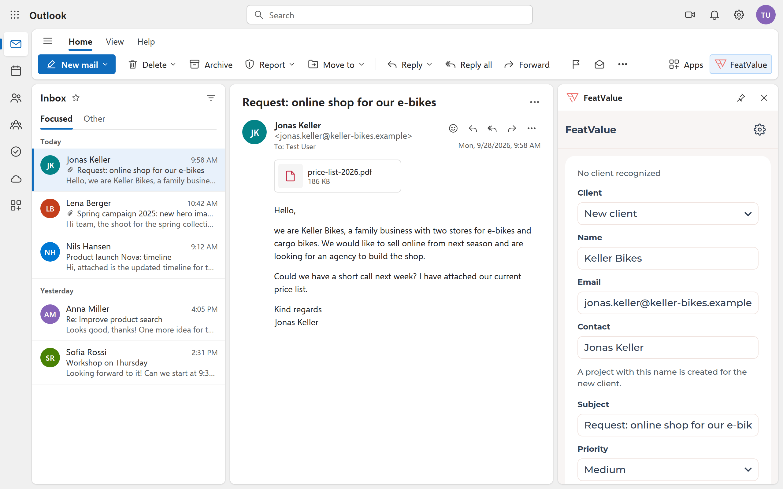 Anfrage eines unbekannten Absenders: Der Aufgabenbereich schlägt einen neuen Kunden mit Name, E-Mail und Ansprechpartner vor