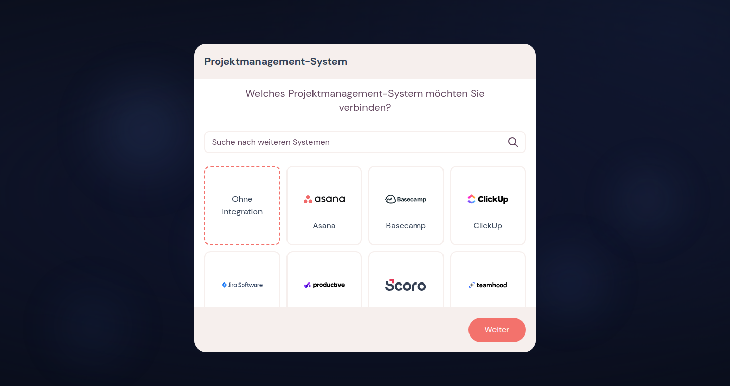 Tool-Auswahl im Onboarding mit Suche und Kacheln wie Asana, Basecamp und ClickUp