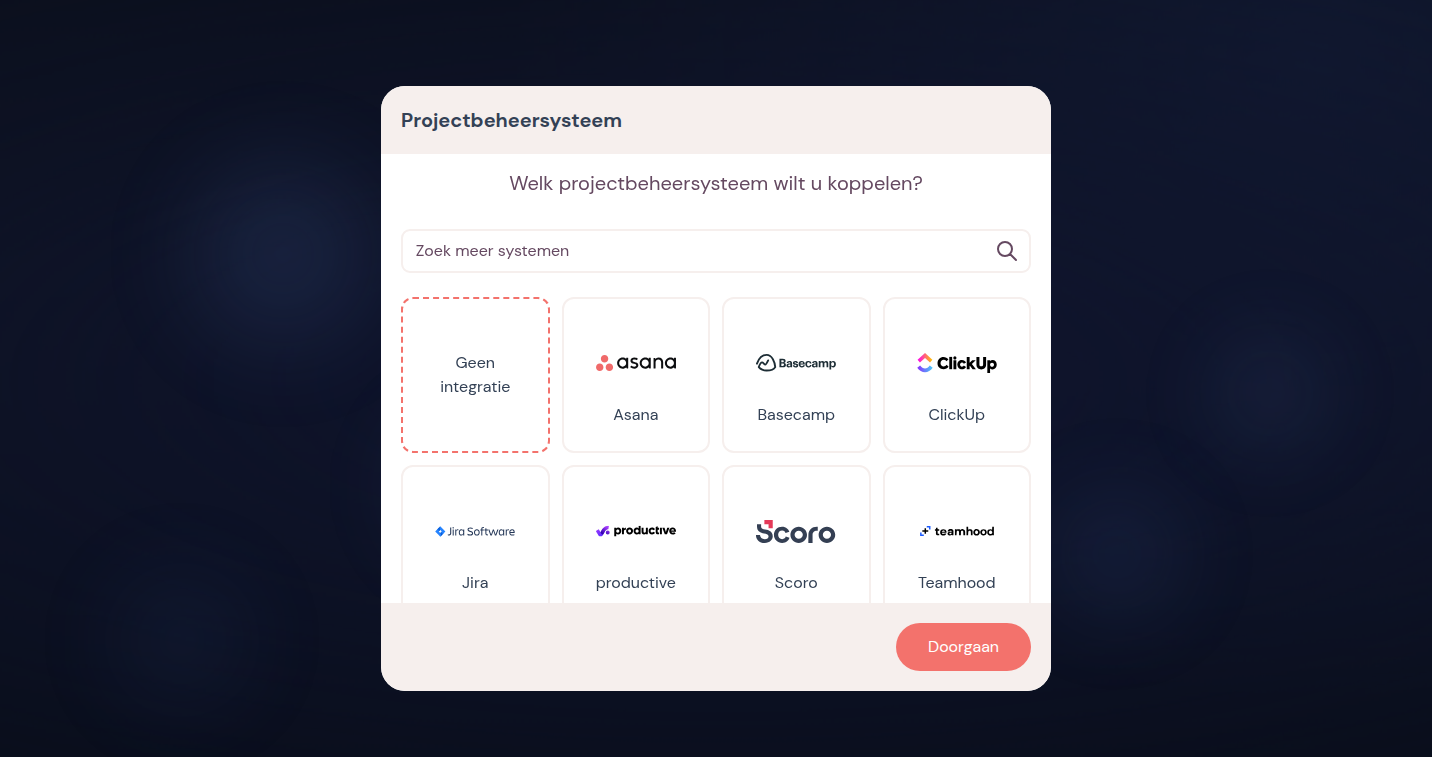 Toolkeuze in de onboarding met zoeken en tegels zoals Asana, Basecamp en ClickUp