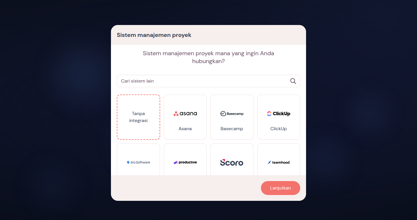 Pemilihan alat di onboarding dengan pencarian dan ubin seperti Asana, Basecamp, dan ClickUp