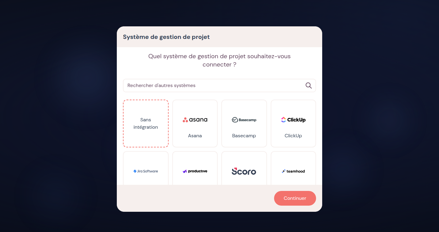 Choix d'outil dans l'onboarding avec recherche et tuiles comme Asana, Basecamp et ClickUp
