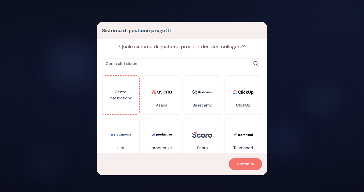 Scelta dello strumento nell’onboarding con ricerca e riquadri come Asana, Basecamp e ClickUp