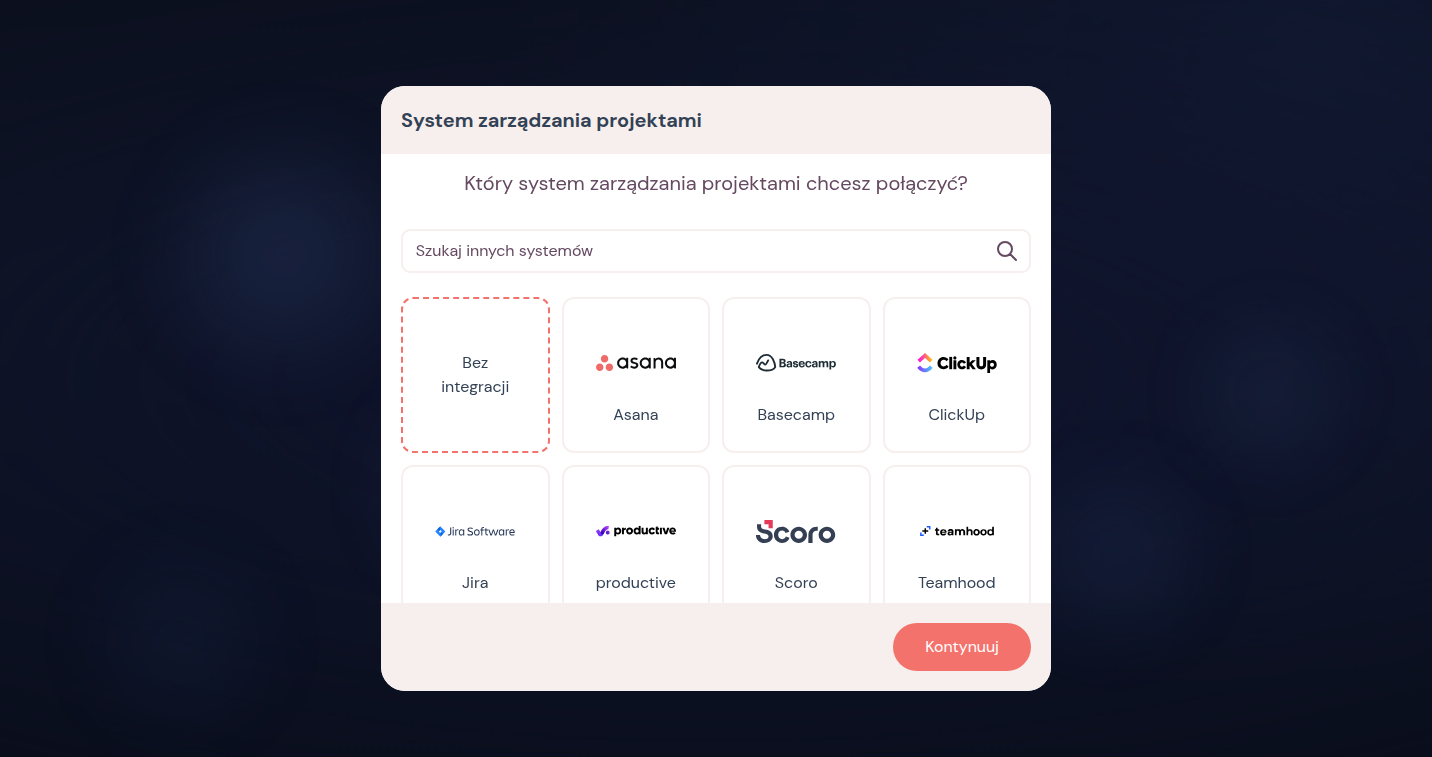 Wybór narzędzia w onboardingu z wyszukiwaniem i kafelkami takimi jak Asana, Basecamp i ClickUp