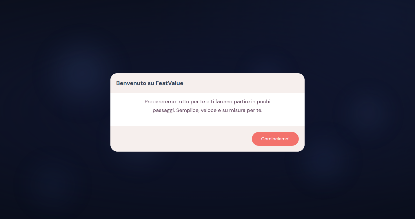 Pagina di benvenuto dell’assistente di onboarding con il pulsante Si parte subito