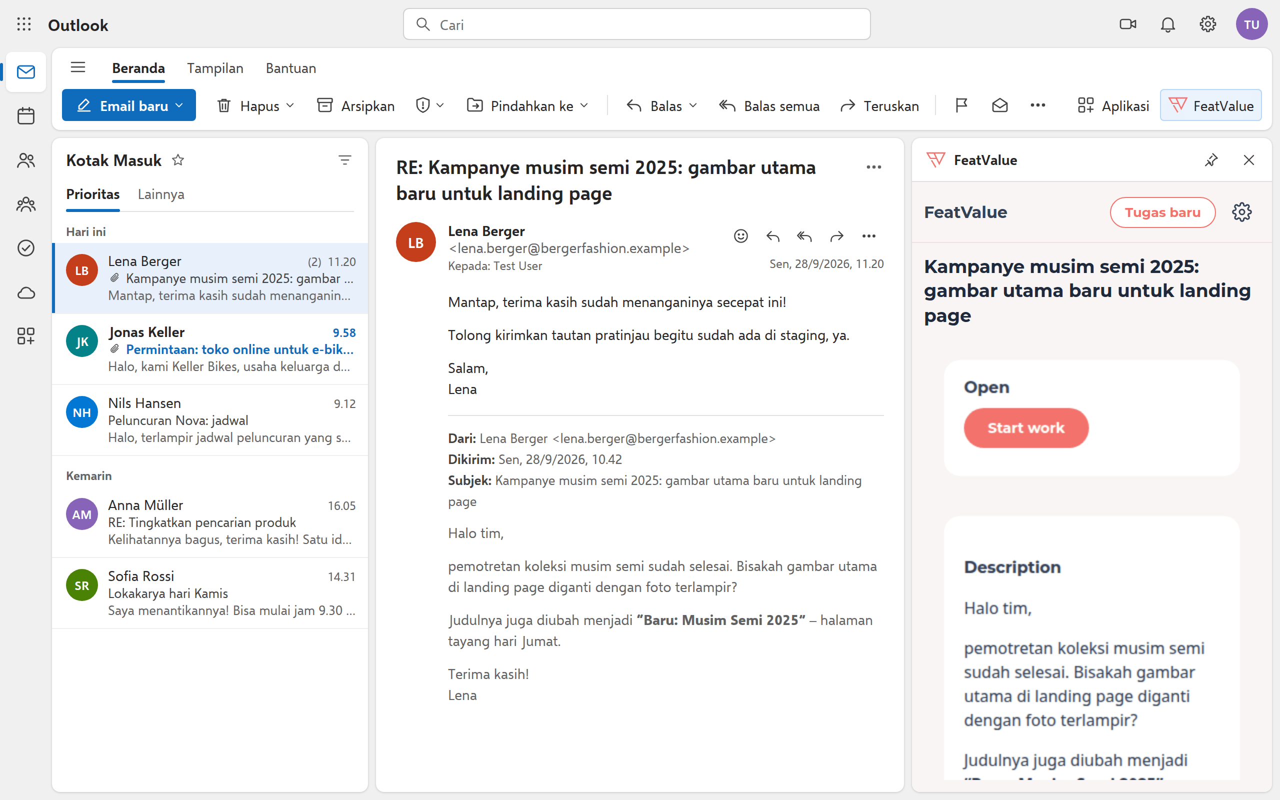 Balasan dalam percakapan email; di sampingnya panel menampilkan tugas yang tertaut dengan status dan deskripsi