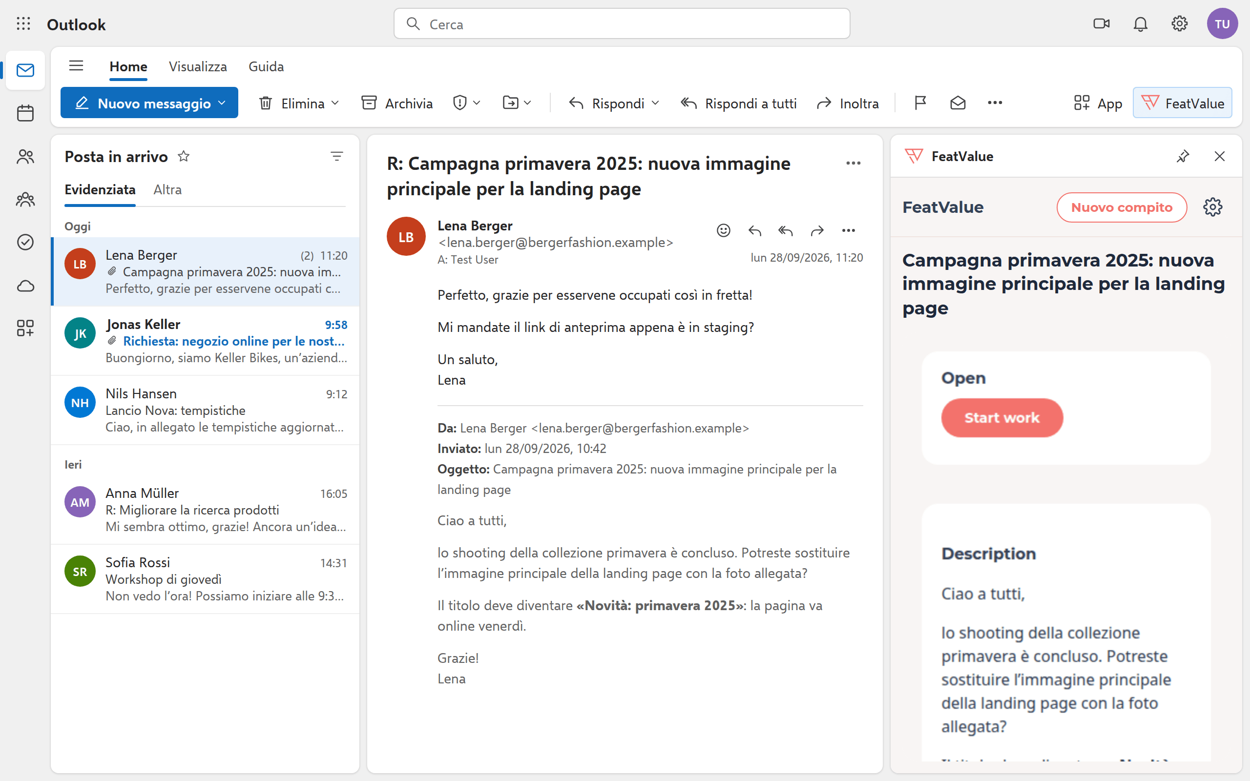 Risposta nella conversazione e-mail; accanto, il riquadro mostra l’attività collegata con stato e descrizione