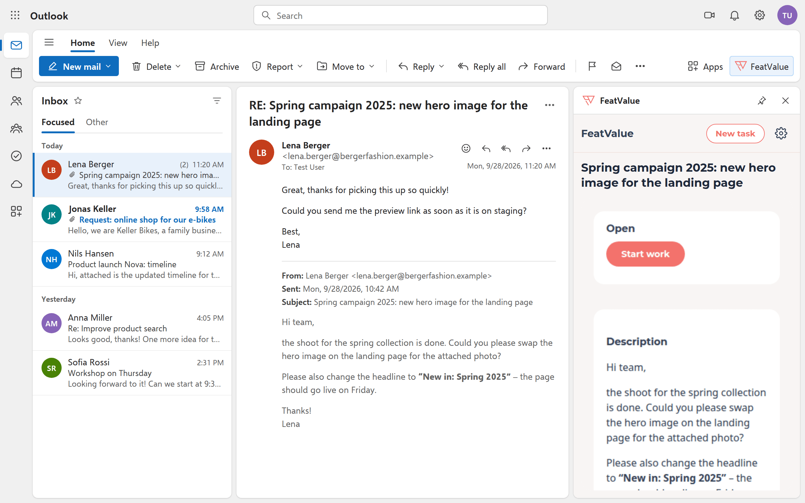 Antwort im E-Mail-Verlauf, daneben zeigt der Aufgabenbereich die verknüpfte FeatValue-Aufgabe mit Status