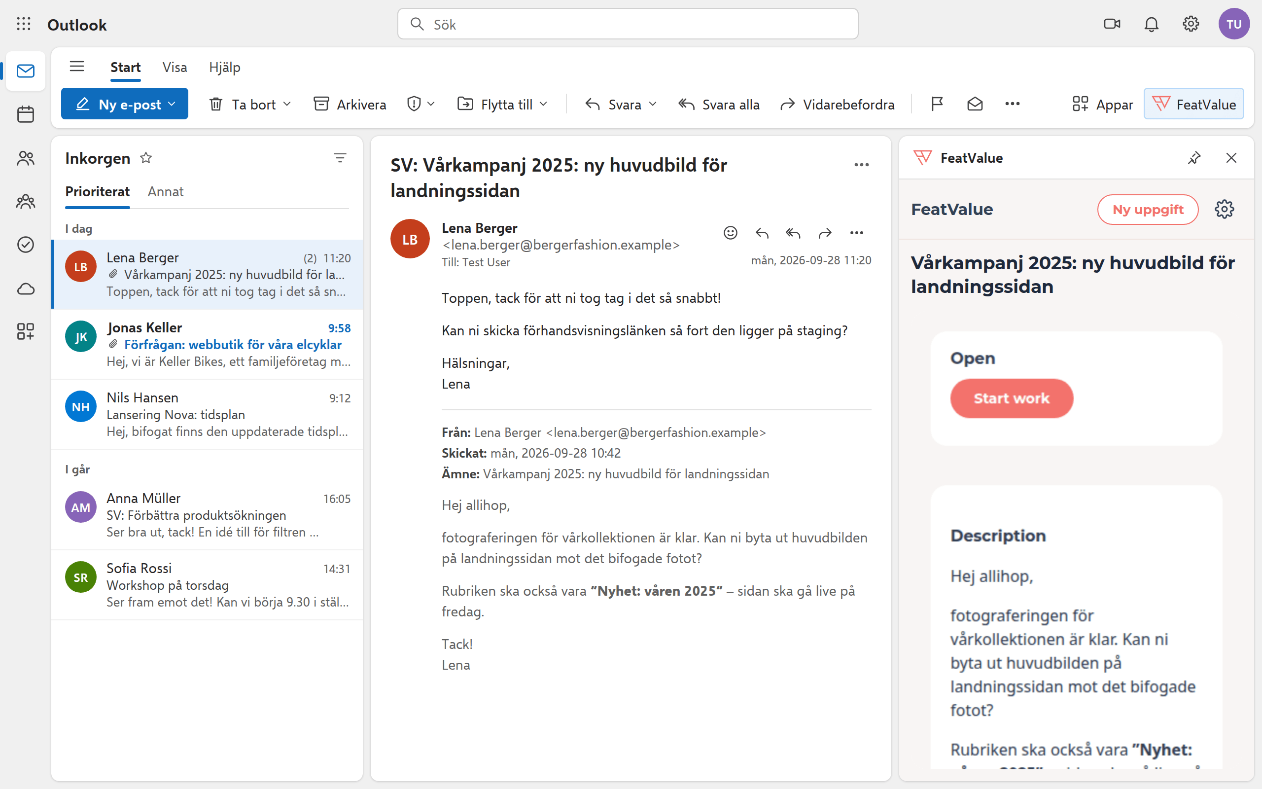 Svar i mejlkonversationen; bredvid visar fönstret den kopplade uppgiften med status och beskrivning