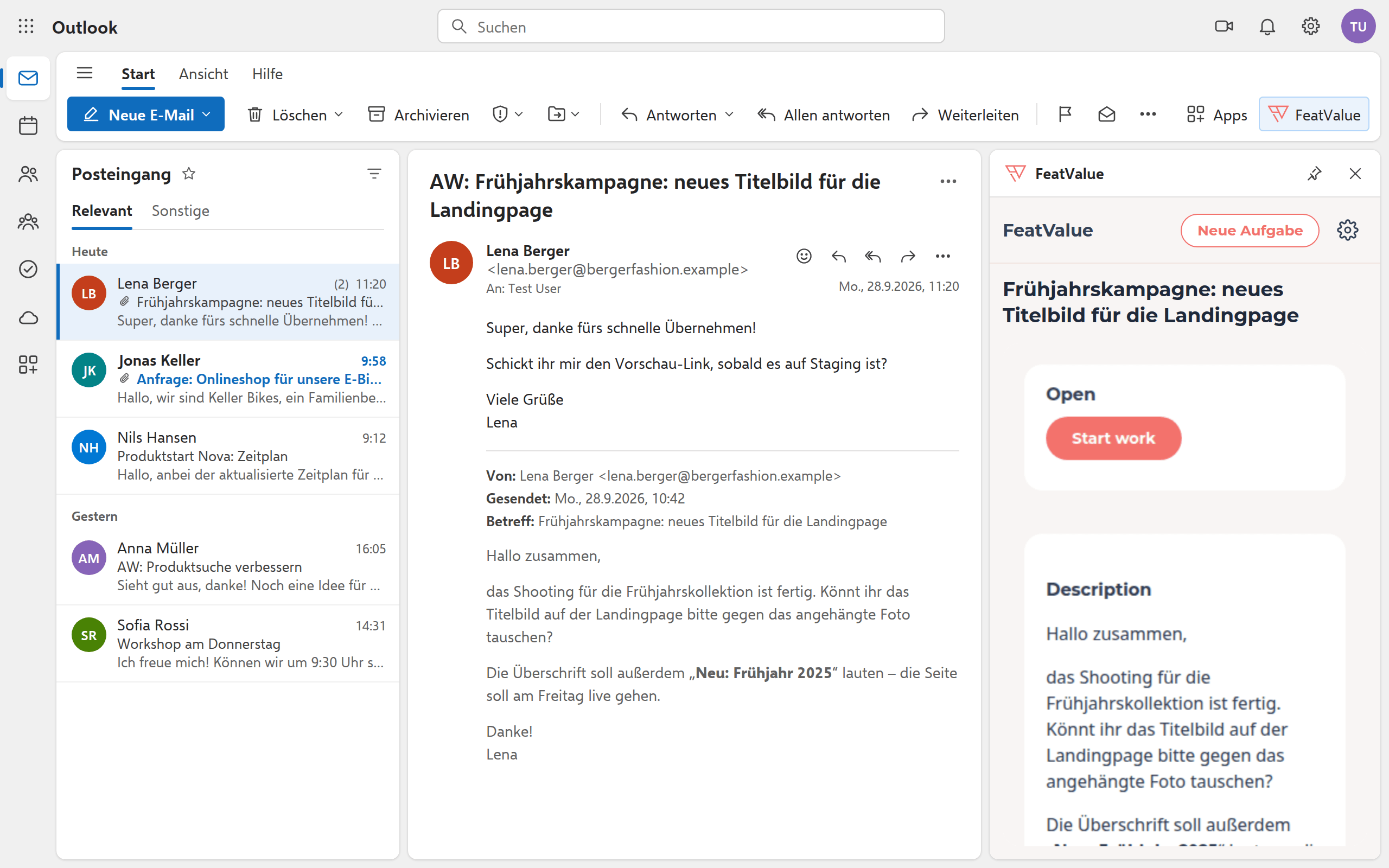 Antwort im E-Mail-Verlauf, daneben zeigt der Aufgabenbereich die verknüpfte Aufgabe mit Status und Beschreibung
