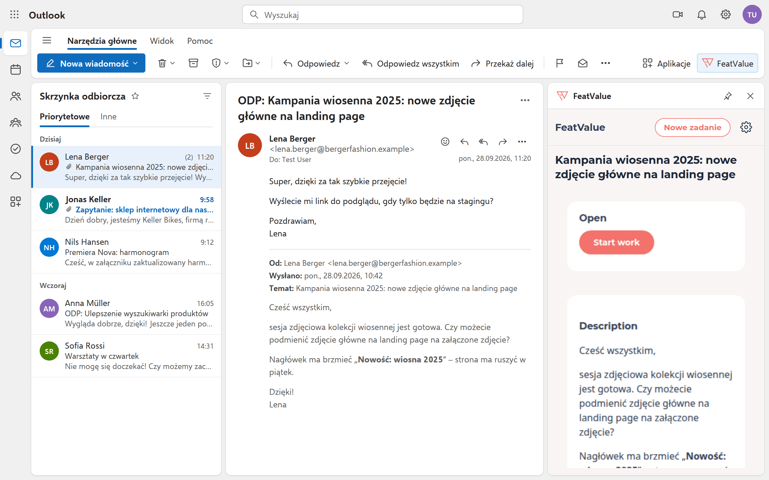 Odpowiedź w konwersacji e-mail; obok okienko pokazuje powiązane zadanie ze statusem i opisem