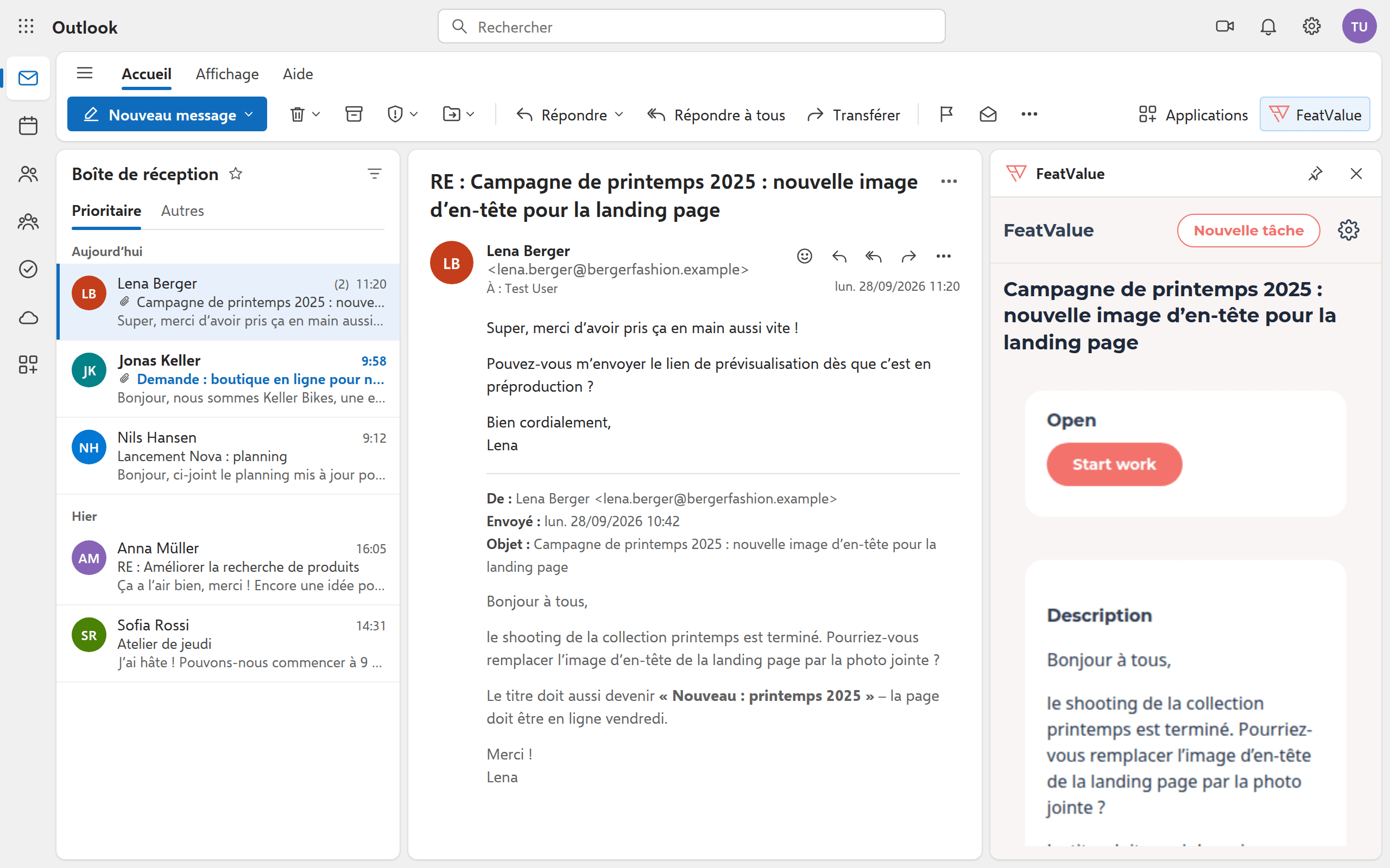 Réponse dans la conversation ; à côté, le volet affiche la tâche liée avec statut et description