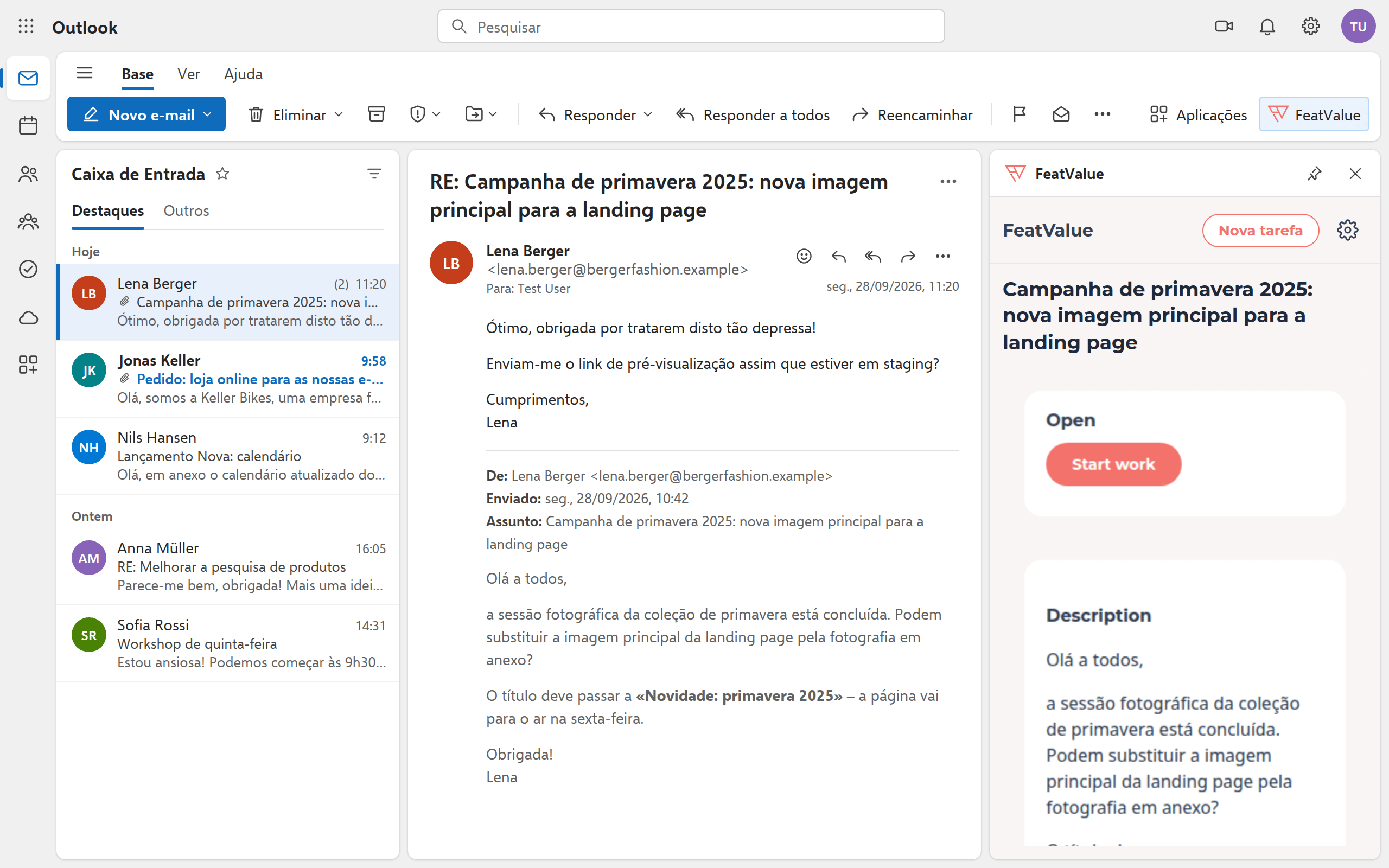 Resposta na conversa de e-mail; ao lado, o painel mostra a tarefa associada com estado e descrição