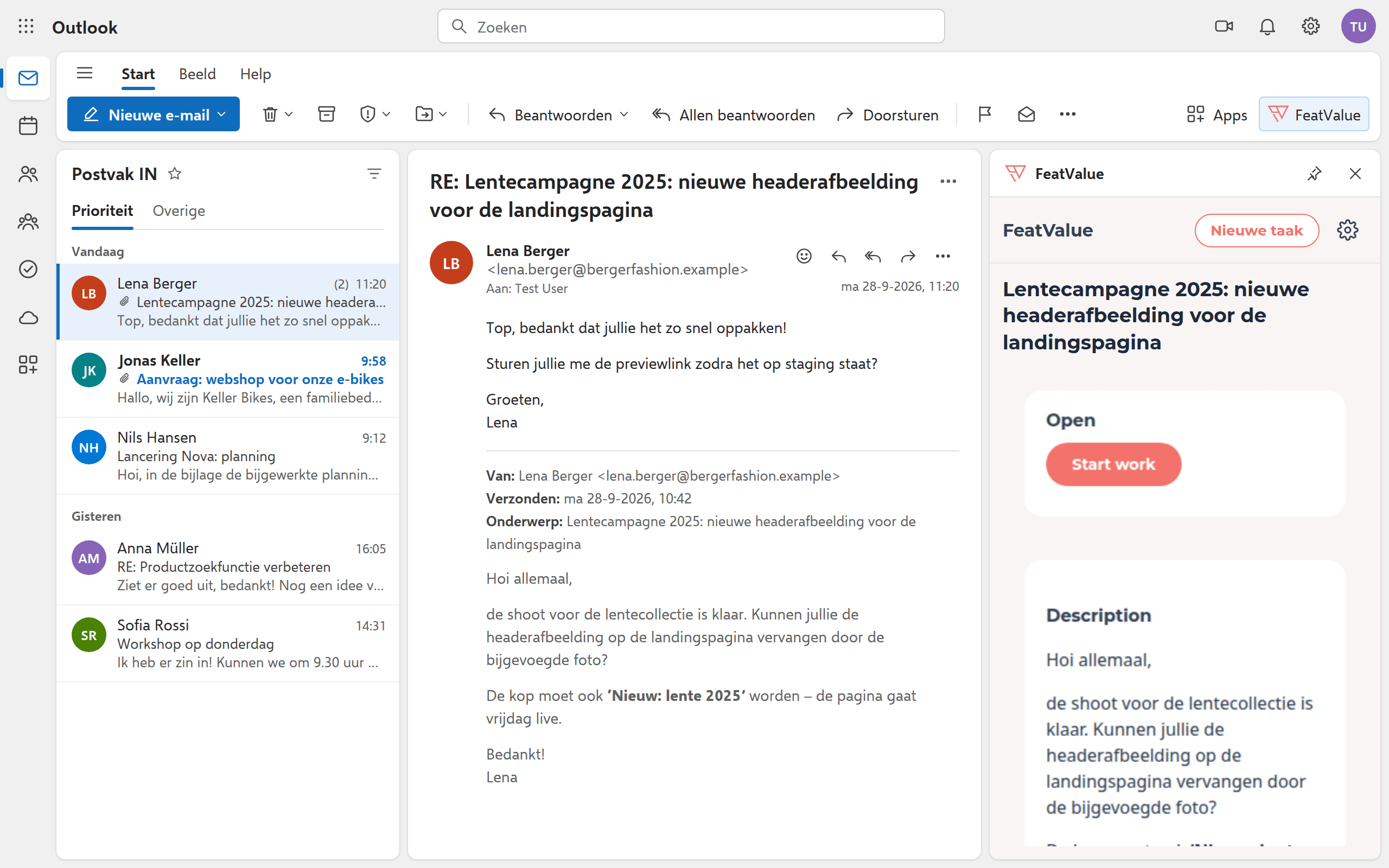 Antwoord in het e-mailgesprek; ernaast toont het deelvenster de gekoppelde taak met status en beschrijving