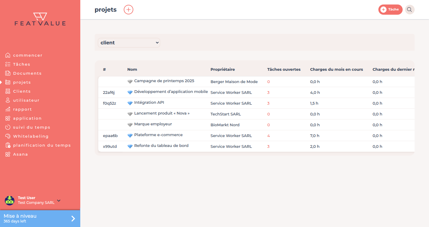 Liste de projets avec Nom, Propriétaire et Tâches ouvertes pour les projets de démonstration API Integration, Dashboard Redesign, Plateforme e-commerce et Développement d’app mobile