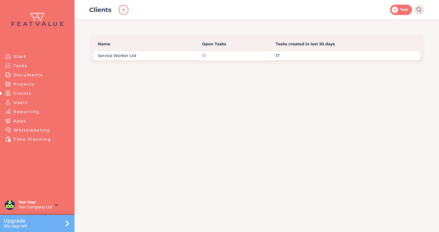 Clients list with company name, open tasks and tasks created in the last 30 days