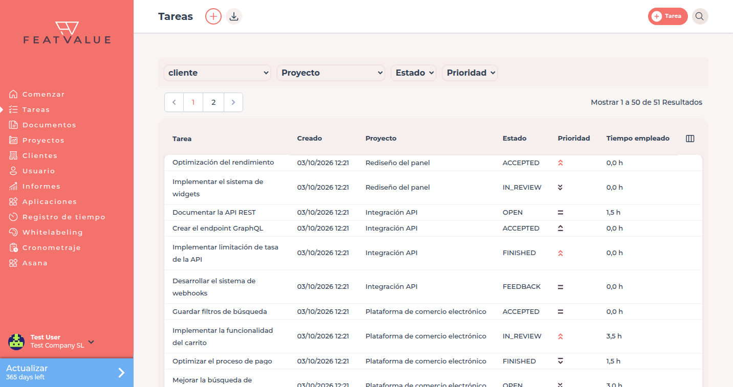 Lista de tareas con tareas de demostración y filtros por proyecto, estado y prioridad