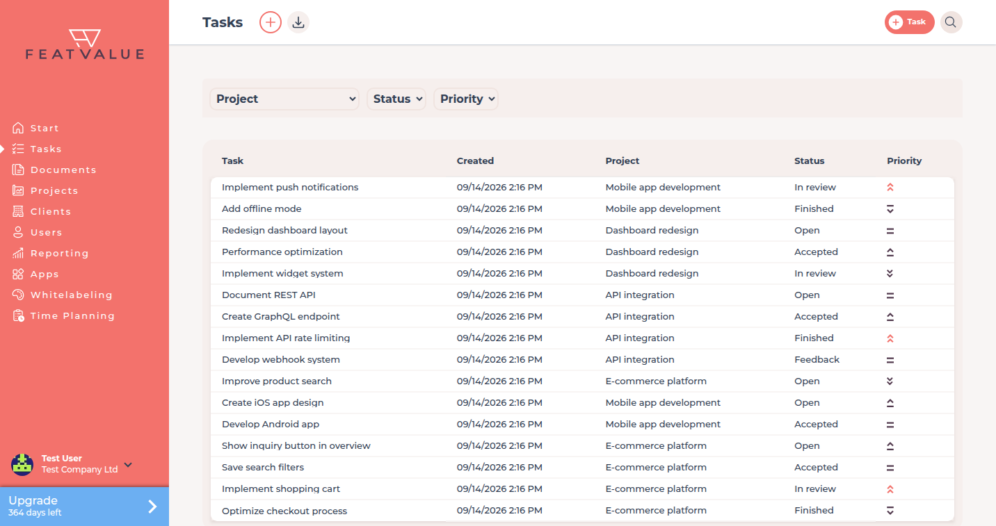 Tasks list of the demo agency with several demo tasks and filter controls