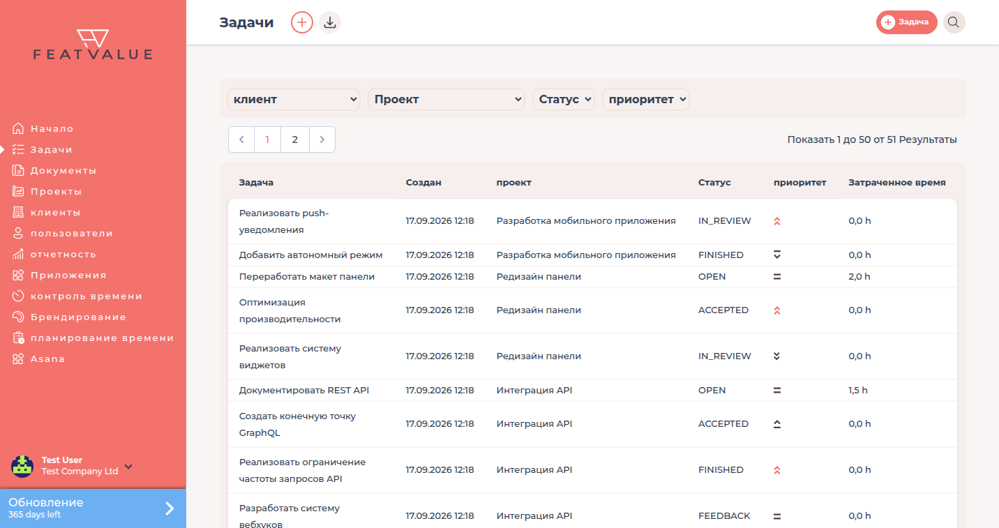 Список Задач демо-агентства с несколькими демо-задачами и панелями фильтров