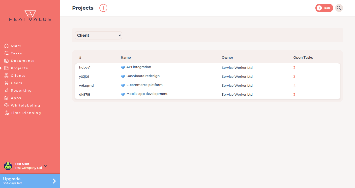 Projects list with Name, Owner and Open tasks for the demo projects API integration, Dashboard redesign, E-commerce platform and Mobile app development