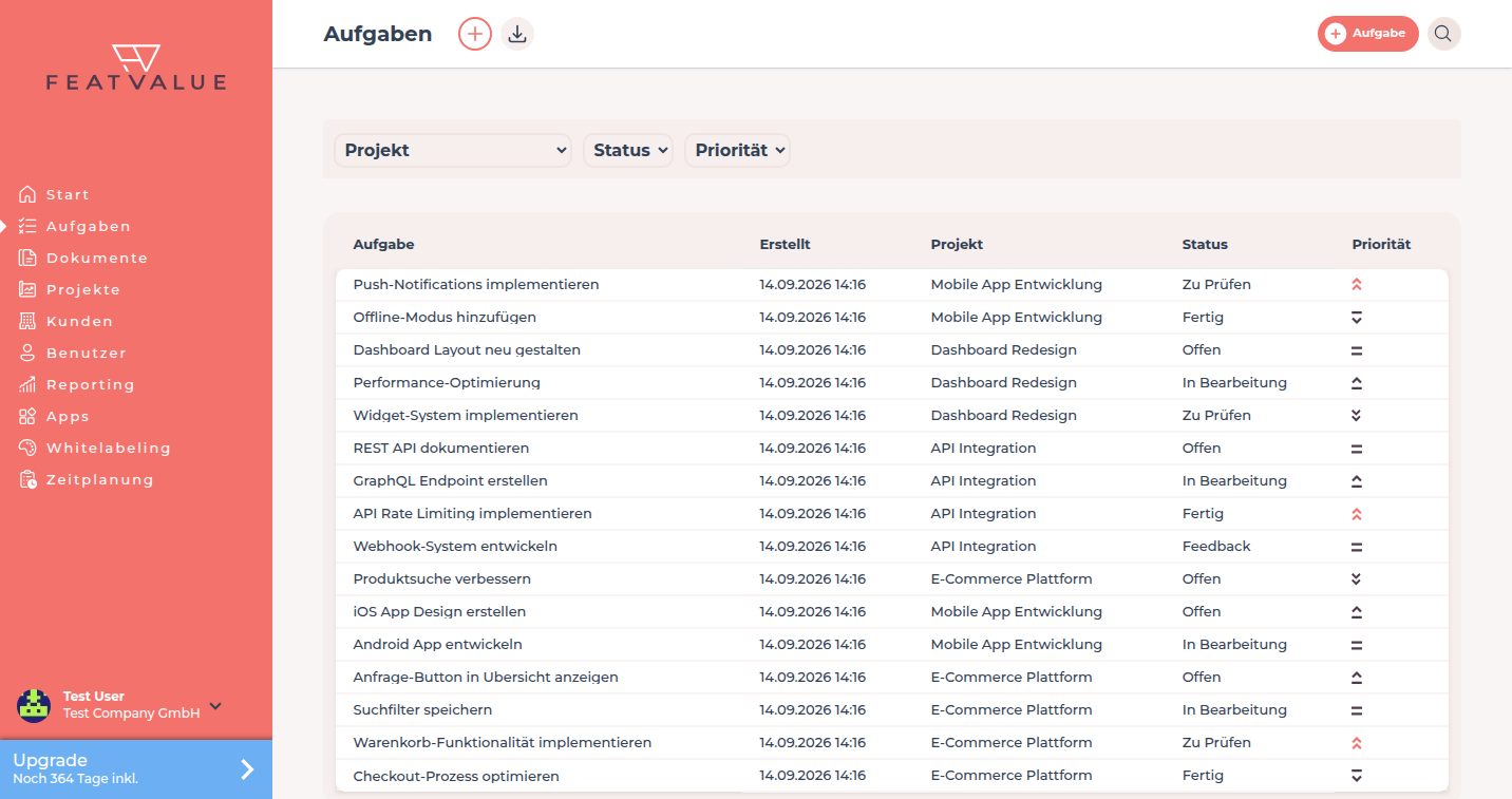 Aufgabenliste mit Filtern für Projekt, Status und Priorität über den Demo-Aufgaben