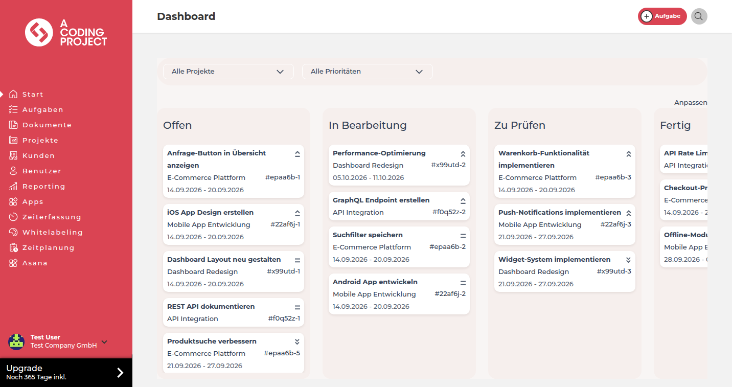 Dashboard mit Logo und Farben, die aus einer Website erzeugt wurden