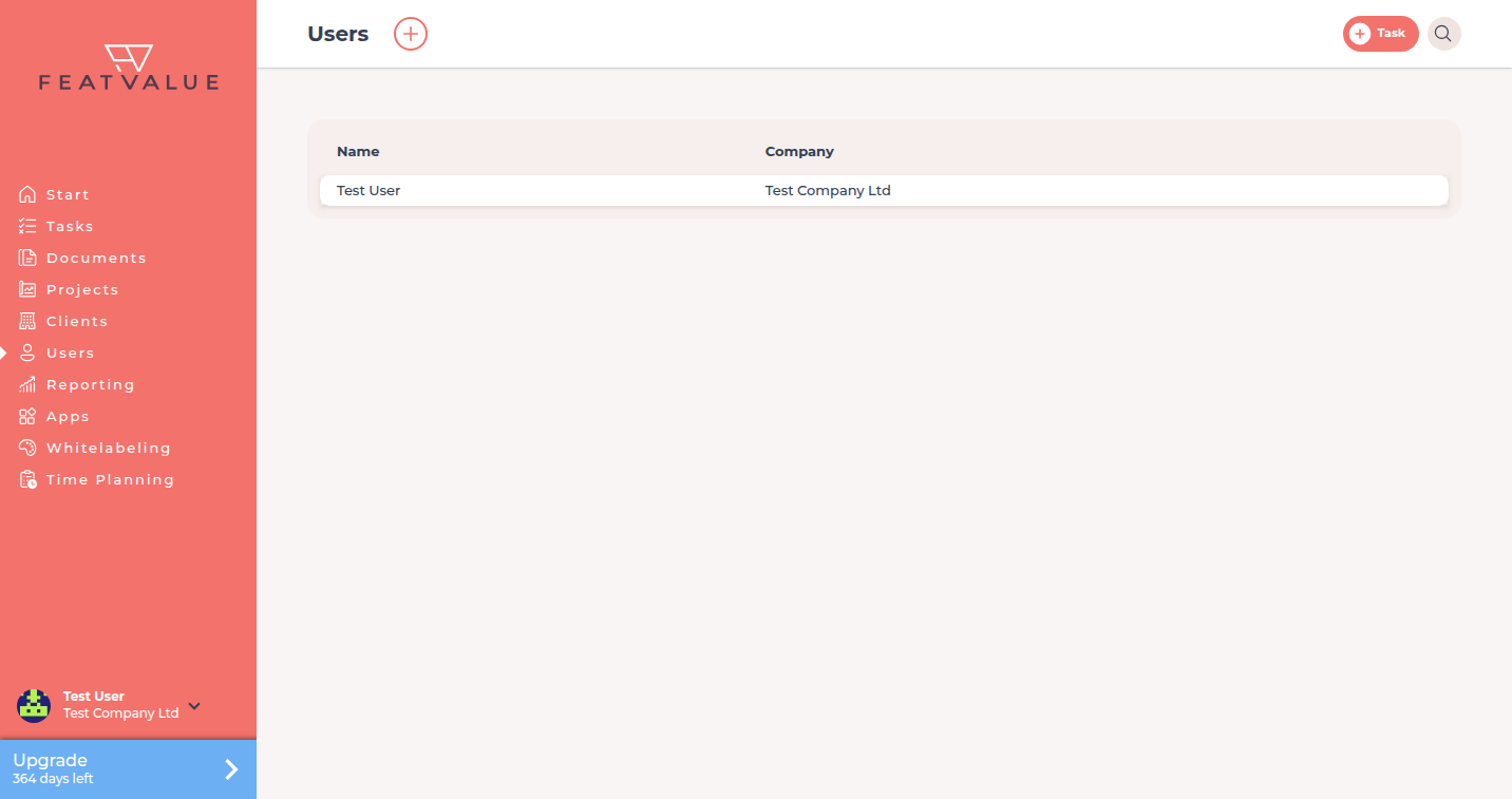 Users list with name, company, e-mail and last active
