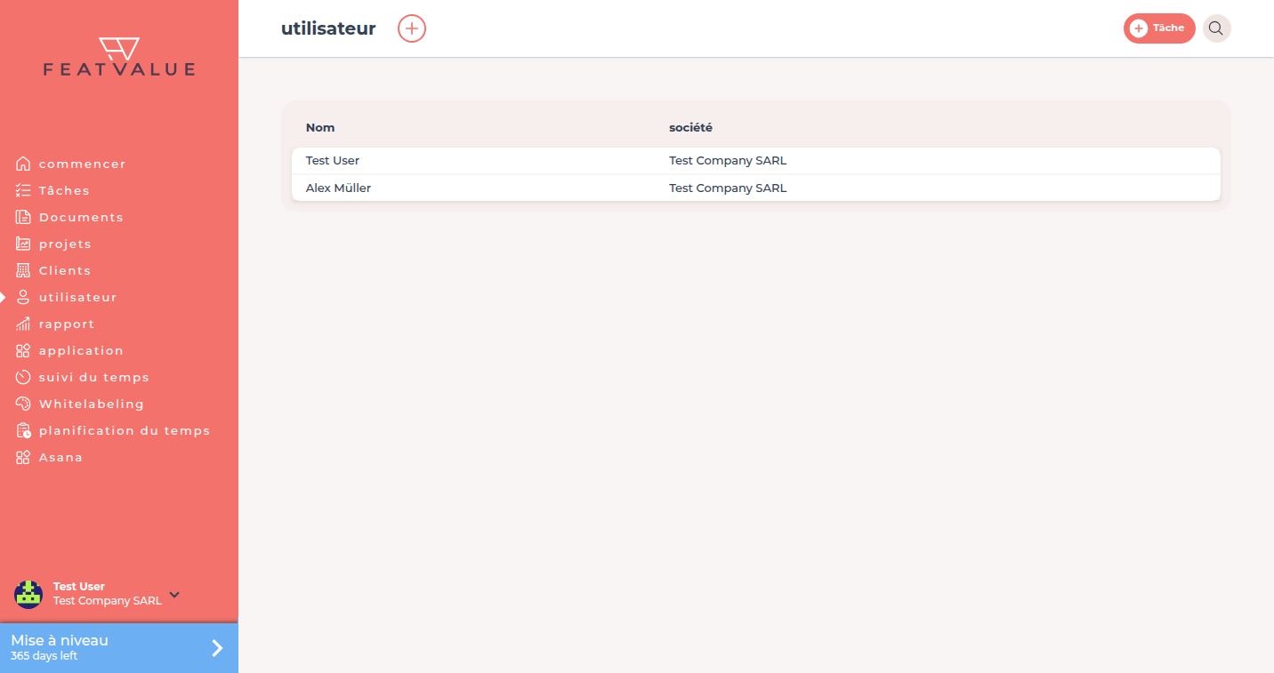 Liste utilisateur avec Nom, entreprise, E-Mail et dernière activité