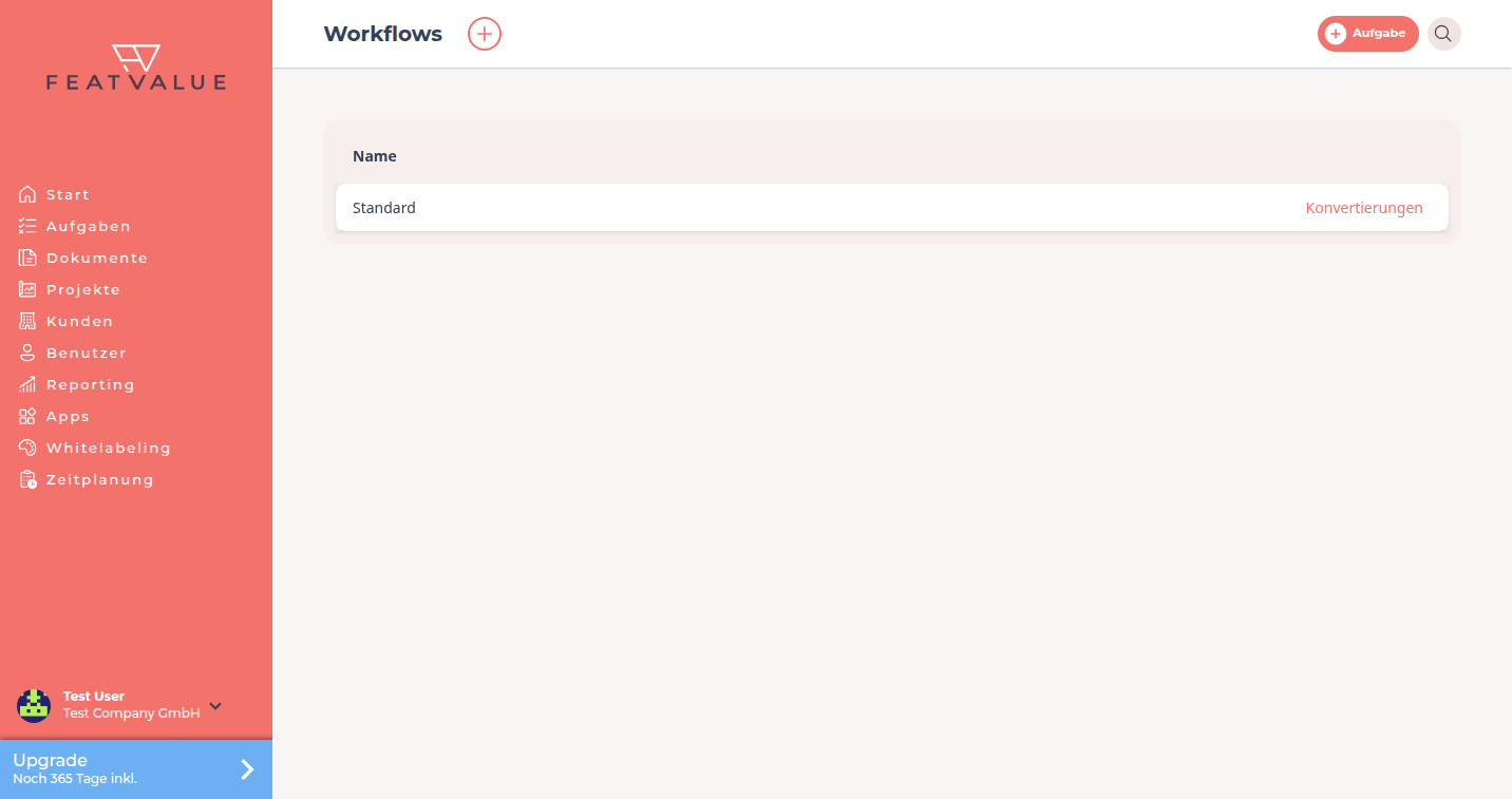 Workflow-Liste mit dem Eintrag Standard