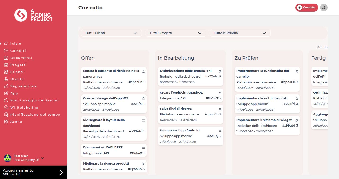 Dashboard con un logo e colori generati da un sito web