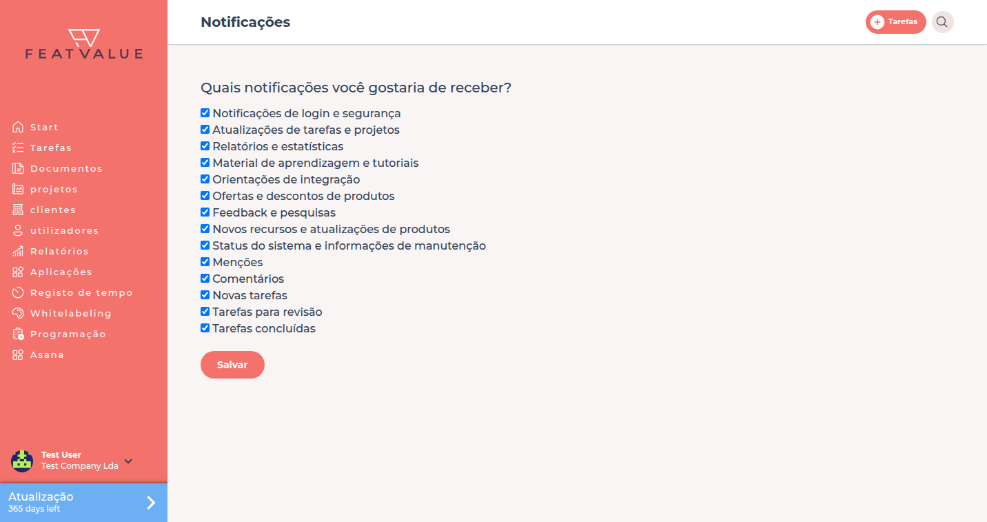 Página Notificações com a pergunta sobre os grupos que pretende receber
