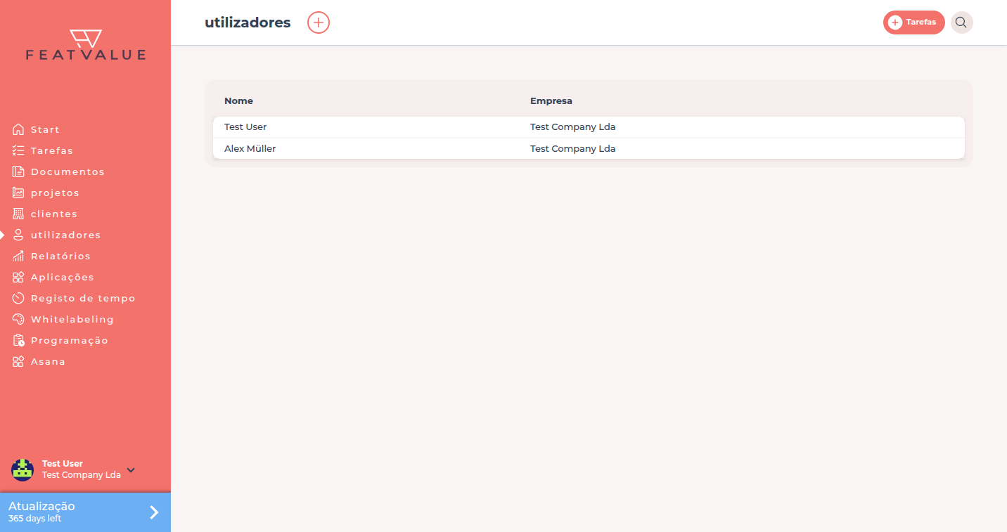 Lista de utilizadores com Nome, empresa, e-mail e último activo