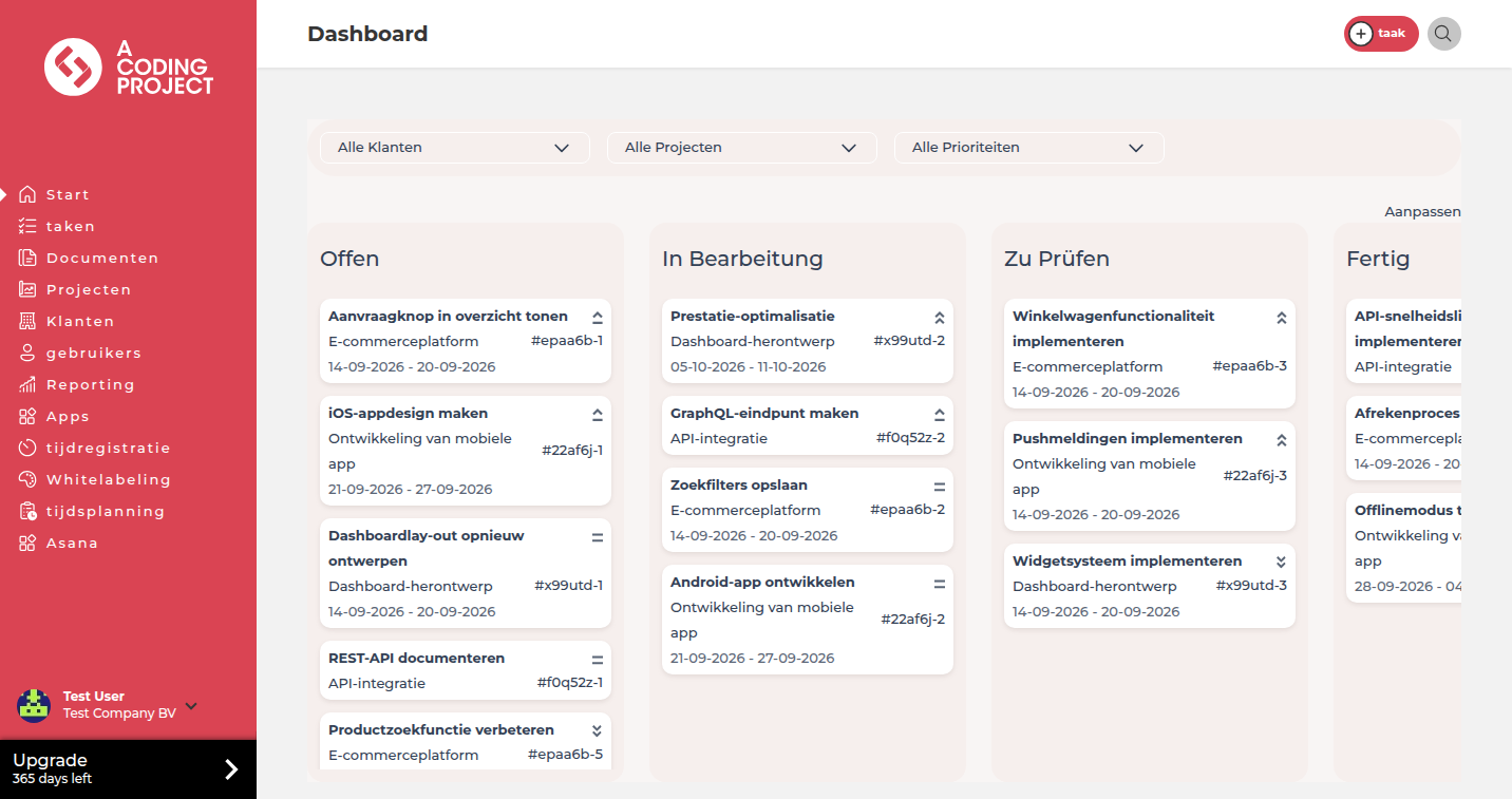 Dashboard met logo en kleuren die van een website zijn gegenereerd