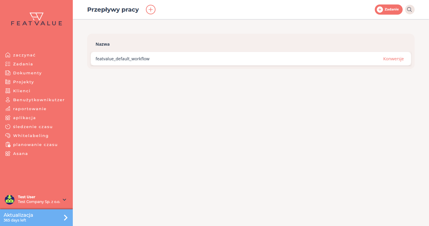 Lista workflow z wpisem Domyślny