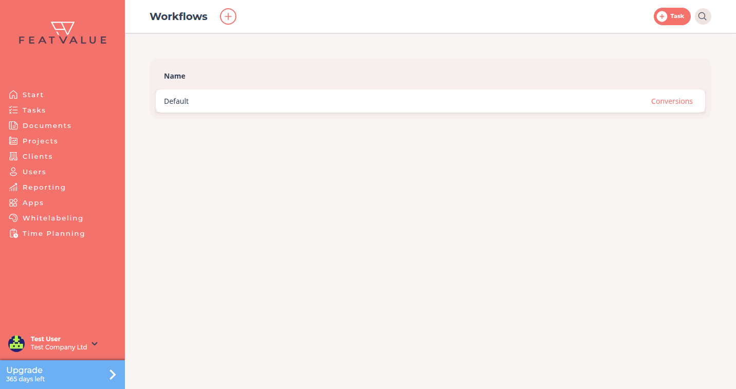Workflows list with the Default entry