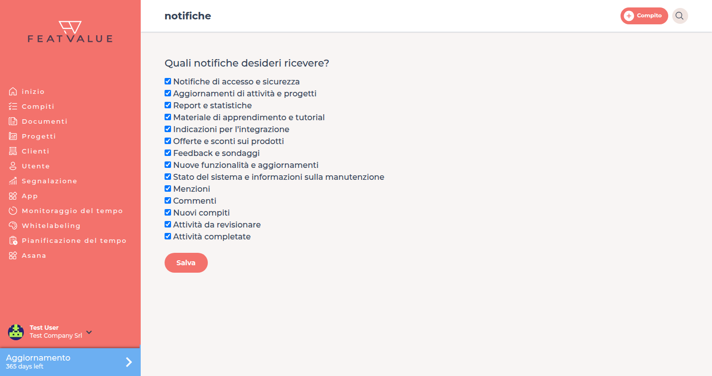 Pagina notifiche con la domanda su quali gruppi desidera ricevere