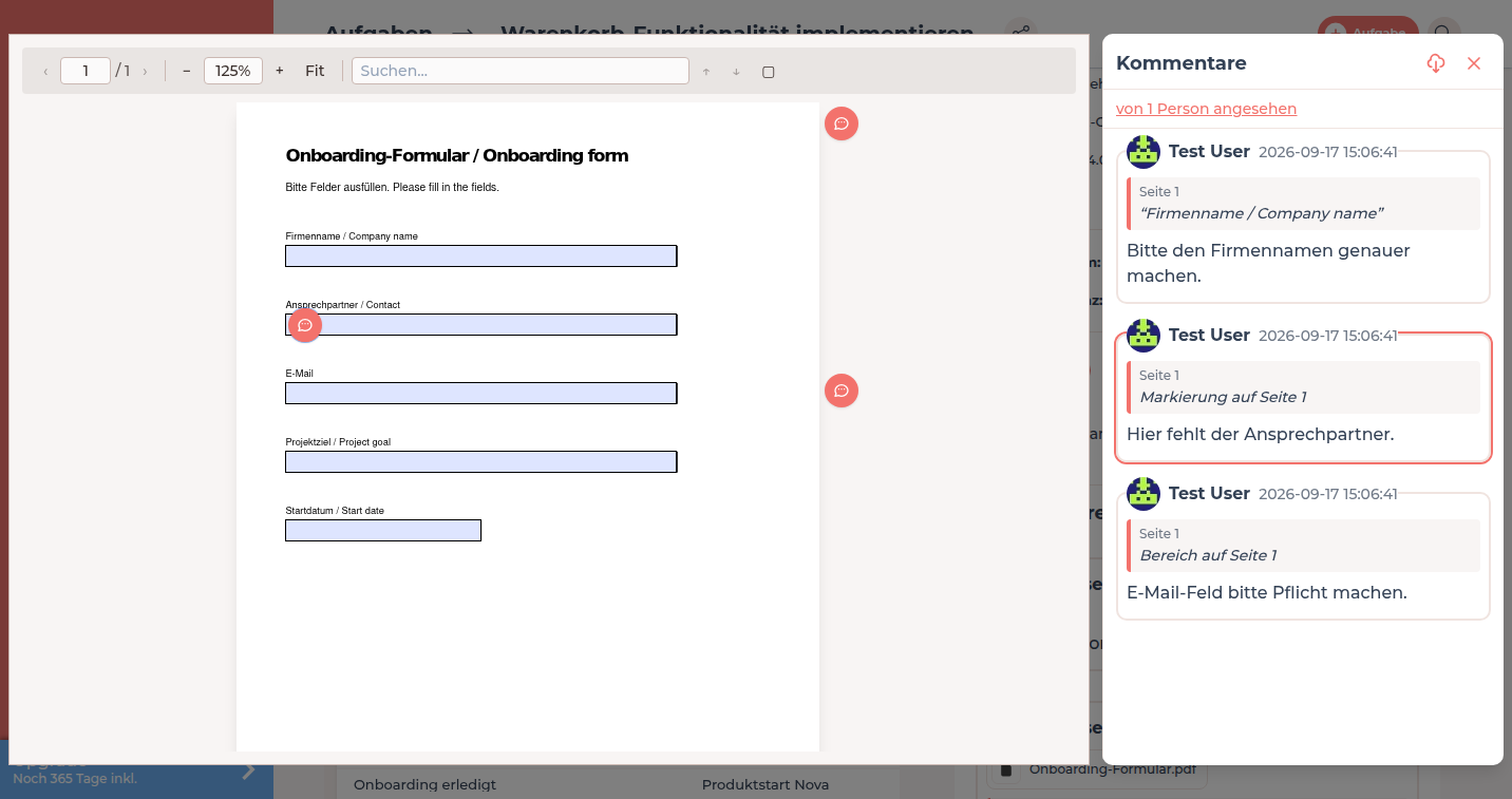 Geöffnetes PDF mit Pin auf dem Ansprechpartner-Feld und Kommentar