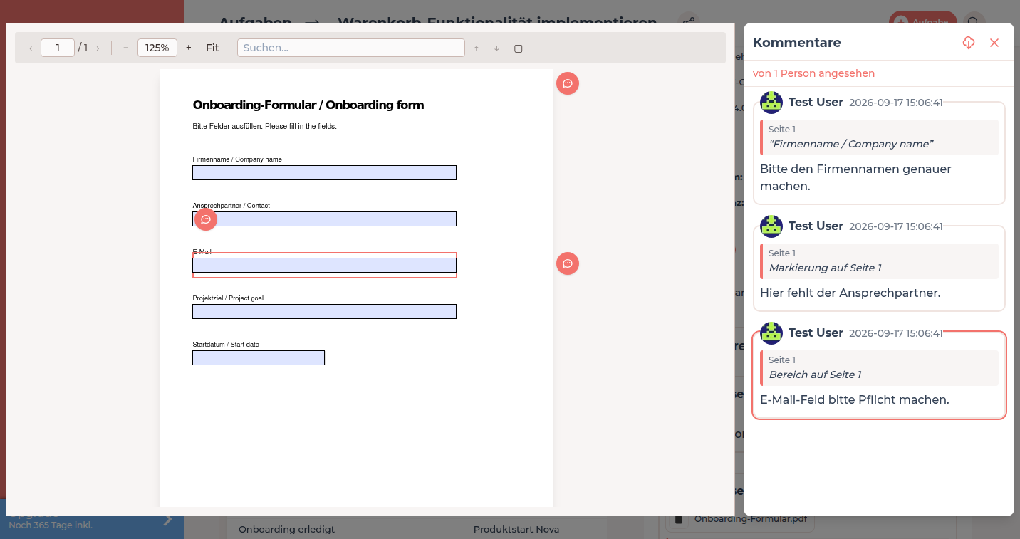 Geöffnetes PDF mit markiertem Bereich um das E-Mail-Feld und Kommentar