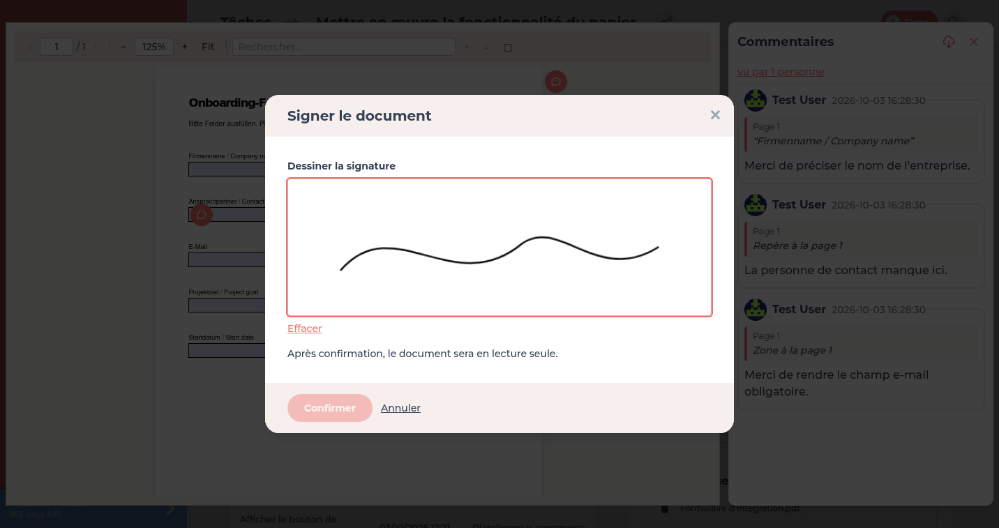 Boîte de dialogue de signature avec le champ Dessiner la signature au-dessus du PDF ouvert